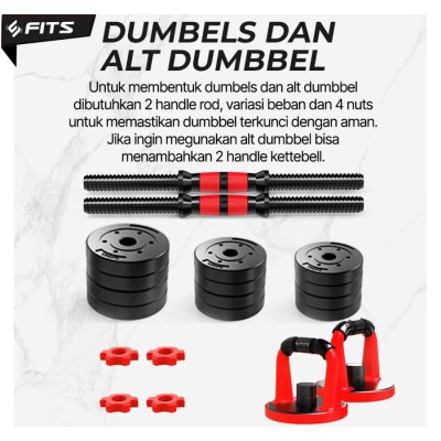 FITS 6 in 1 Adjustable 30 kg Dumbbell Barbell Set